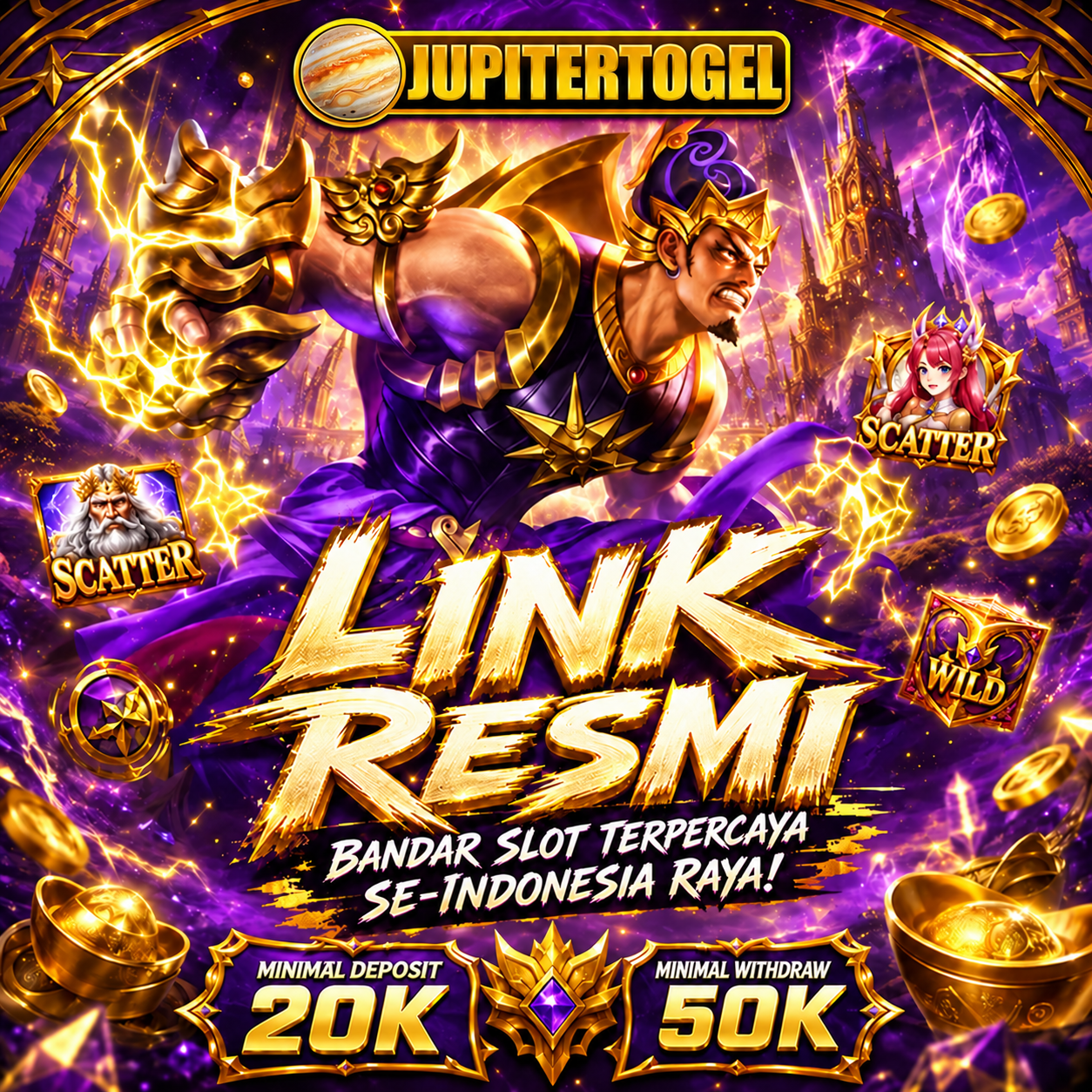Banner JUPITERTOGEL ungu dengan karakter fantasi dan informasi akses