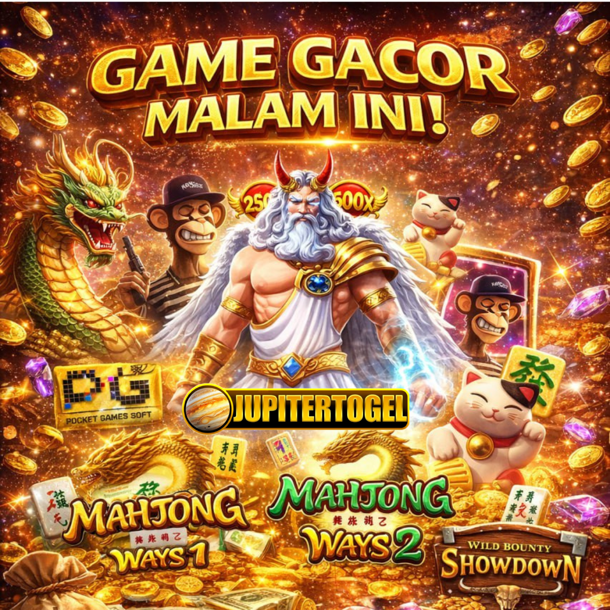 Kolase JUPITERTOGEL dengan Mahjong Ways, naga, kucing dan karakter fantasi