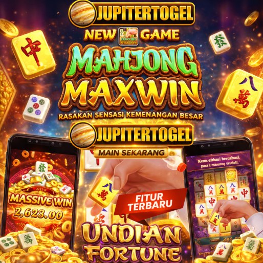 Poster Mahjong JUPITERTOGEL dengan ubin dan dua layar ponsel